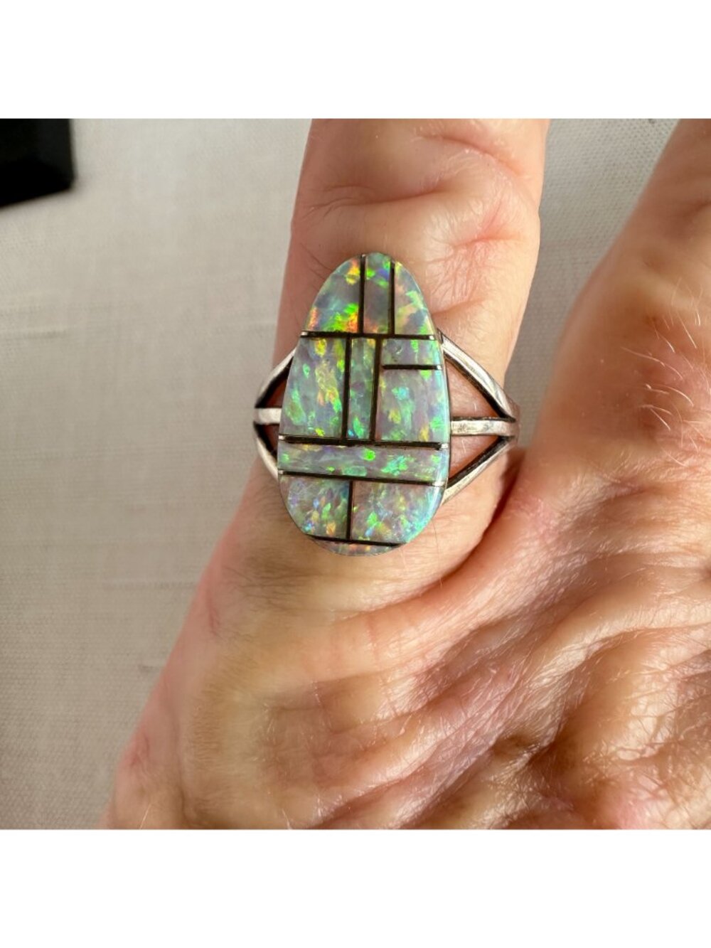 Signed EJ Native American Sterling Silver Opal Inlay Ring Size 8 - Picture 2 of 6